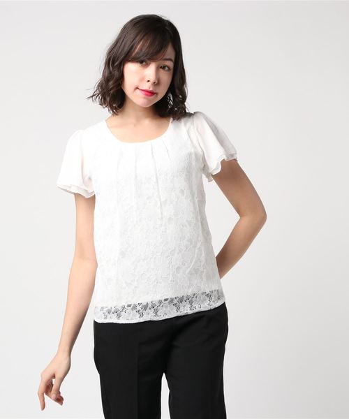 TRUDEA（トルディア）の「【接触冷感シルケット素材】　前身頃レース・袖シフォン　半袖カットソー（Tシャツ/カットソー・レディース・ホワイト/ライトグレー/ブラック/ベージュ/サックスブルー/ピンク・SMALL/MEDIUM/LARGE）」の10枚目の写真