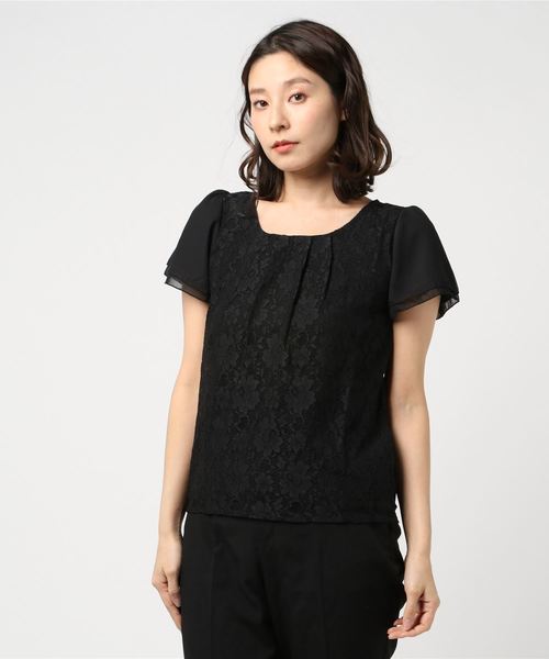TRUDEA（トルディア）の「【接触冷感シルケット素材】　前身頃レース・袖シフォン　半袖カットソー（Tシャツ/カットソー・レディース・ホワイト/ライトグレー/ブラック/ベージュ/サックスブルー/ピンク・SMALL/MEDIUM/LARGE）」の11枚目の写真