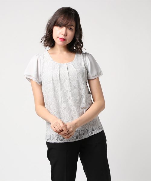 TRUDEA（トルディア）の「【接触冷感シルケット素材】　前身頃レース・袖シフォン　半袖カットソー（Tシャツ/カットソー・レディース・ホワイト/ライトグレー/ブラック/ベージュ/サックスブルー/ピンク・SMALL/MEDIUM/LARGE）」の12枚目の写真