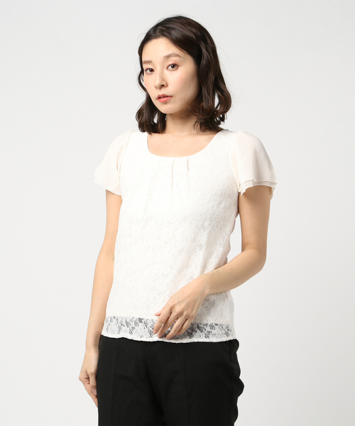 TRUDEA（トルディア）の「【接触冷感シルケット素材】　前身頃レース・袖シフォン　半袖カットソー（Tシャツ/カットソー・レディース・ホワイト/ライトグレー/ブラック/ベージュ/サックスブルー/ピンク・SMALL/MEDIUM/LARGE）」の13枚目の写真