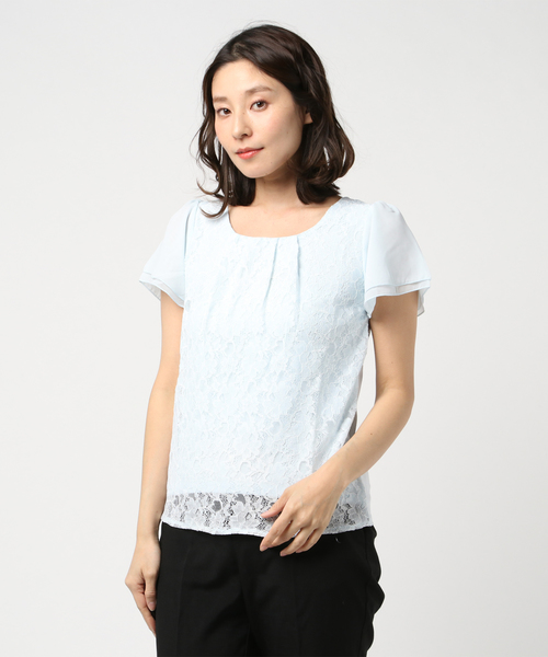 TRUDEA（トルディア）の「【接触冷感シルケット素材】　前身頃レース・袖シフォン　半袖カットソー（Tシャツ/カットソー・レディース・ホワイト/ライトグレー/ブラック/ベージュ/サックスブルー/ピンク・SMALL/MEDIUM/LARGE）」の14枚目の写真