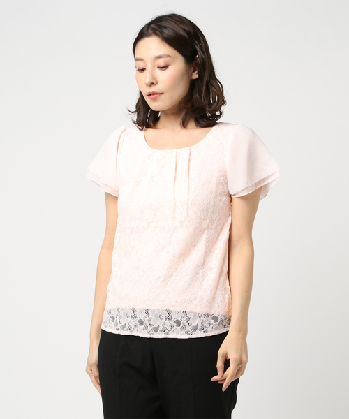 TRUDEA（トルディア）の「【接触冷感シルケット素材】　前身頃レース・袖シフォン　半袖カットソー（Tシャツ/カットソー・レディース・ホワイト/ライトグレー/ブラック/ベージュ/サックスブルー/ピンク・SMALL/MEDIUM/LARGE）」の15枚目の写真