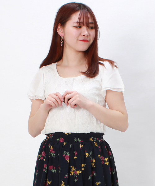 TRUDEA（トルディア）の「【接触冷感シルケット素材】　前身頃レース・袖シフォン　半袖カットソー（Tシャツ/カットソー・レディース・ホワイト/ライトグレー/ブラック/ベージュ/サックスブルー/ピンク・SMALL/MEDIUM/LARGE）」の18枚目の写真