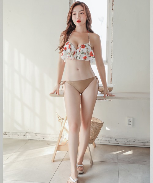 花柄×無地フレアビキニ 水着2点セット（水着）｜Lace Ladies