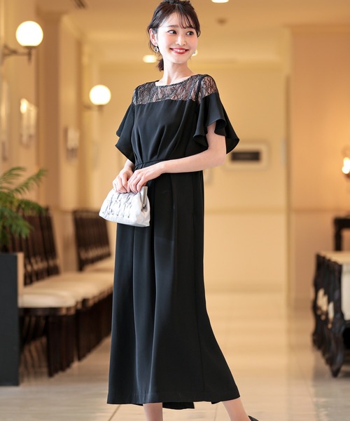 kana(カナ)の「レース切り替え フレアスリーブ ミモレ丈 ワンピースドレス / 結婚式ワンピース・お呼ばれパーティードレス(ドレス)」|ブラック