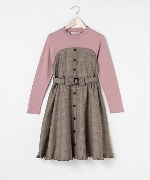 セール ワンピース Mezzo Piano Junior メゾピアノジュニア のファッション Piano リボンベルトつきチェック柄ドッキング ワンピース ワンピース Mezzo