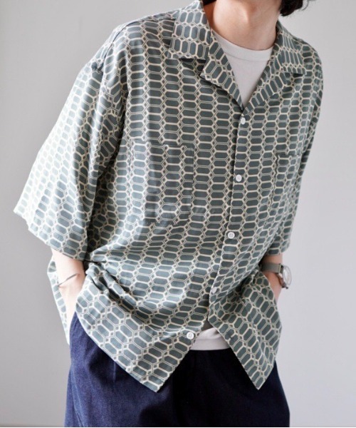 y/m by れぽすけ（イムバイレポスケ）の「オープンカラー柄シャツ（シャツ/ブラウス・メンズ・ブラック/ブラウン/ブルー・MEDIUM/LARGE）」の3枚目の写真