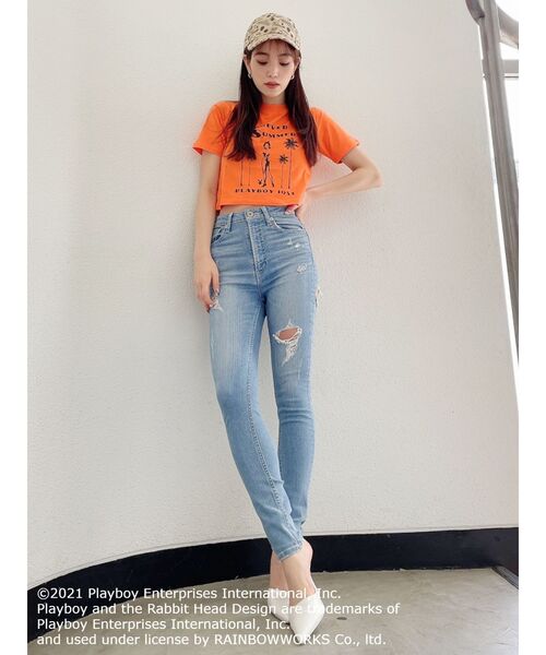 PLAYBOY（プレイボーイ）の「PLAYBOY FOREVER SUMMER ショートTシャツ（Tシャツ/カットソー・レディース・オフホワイト/オレンジ/ブラック・FREE）」の5枚目の写真