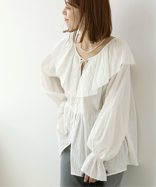 Simplicite(サンプリシテ)の「ジャカードストライプ フリルブラウス(シャツ/ブラウス・レディース・ブラック/ホワイト・FREE)」の2枚目の写真