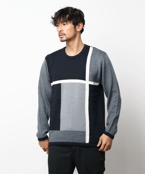 HIDEAWAYS NICOLE（ハイダウェイニコル）の「ブロッキングクルーネックニット（ニット/セーター・メンズ・ブラック/ネイビー/オフホワイト/トリコロール・MEDIUM/LARGE/X-LARGE）」の3枚目の写真