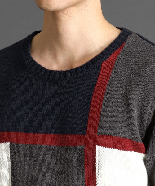 HIDEAWAYS NICOLE（ハイダウェイニコル）の「ブロッキングクルーネックニット（ニット/セーター・メンズ・ブラック/ネイビー/オフホワイト/トリコロール・MEDIUM/LARGE/X-LARGE）」の12枚目の写真