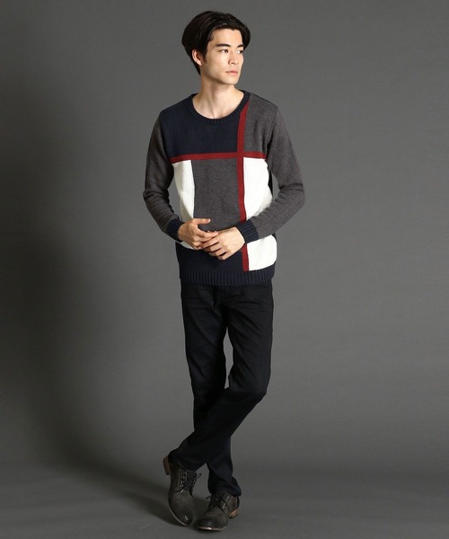HIDEAWAYS NICOLE（ハイダウェイニコル）の「ブロッキングクルーネックニット（ニット/セーター・メンズ・ブラック/ネイビー/オフホワイト/トリコロール・MEDIUM/LARGE/X-LARGE）」の7枚目の写真