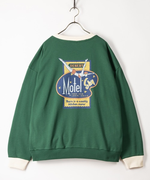 SlashDate(スラッシュデイト)の「MOTELイラストトリムスウェット/バックプリント/ビッグシルエット(スウェット・メンズ・アッシュグレー/オフホワイト/グリーン・M/L/XL)」の1枚目の写真