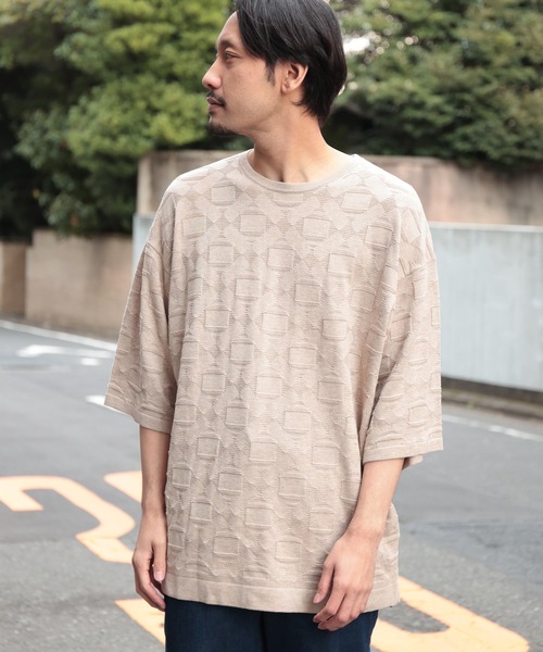 UNION STATION（ユニオンステーション）の「強撚コットン半袖ジャガードセーター（ニット/セーター・メンズ・ライトブルー/ベージュ/オレンジ・M/L）」の2枚目の写真