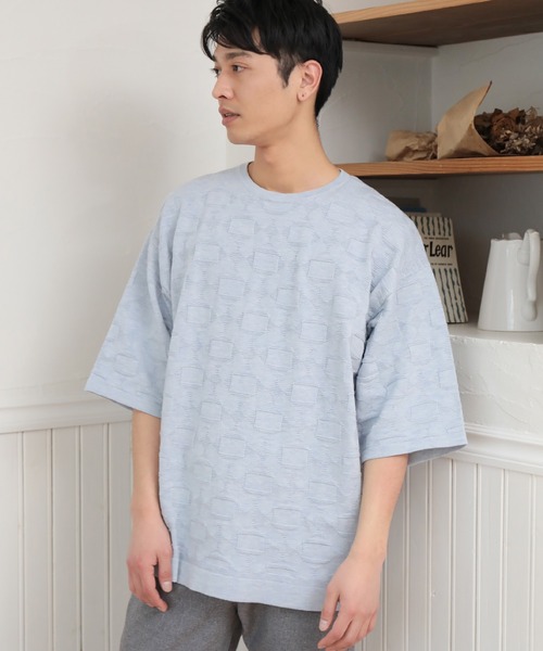 UNION STATION（ユニオンステーション）の「強撚コットン半袖ジャガードセーター（ニット/セーター・メンズ・ライトブルー/ベージュ/オレンジ・M/L）」の3枚目の写真