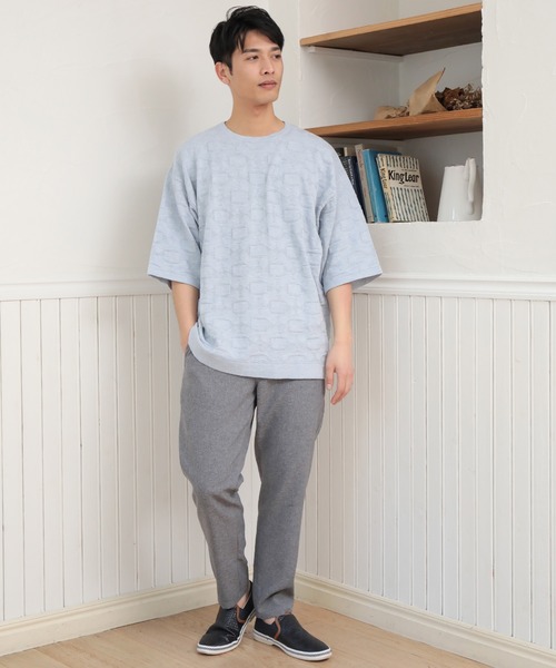 UNION STATION（ユニオンステーション）の「強撚コットン半袖ジャガードセーター（ニット/セーター・メンズ・ライトブルー/ベージュ/オレンジ・M/L）」の8枚目の写真