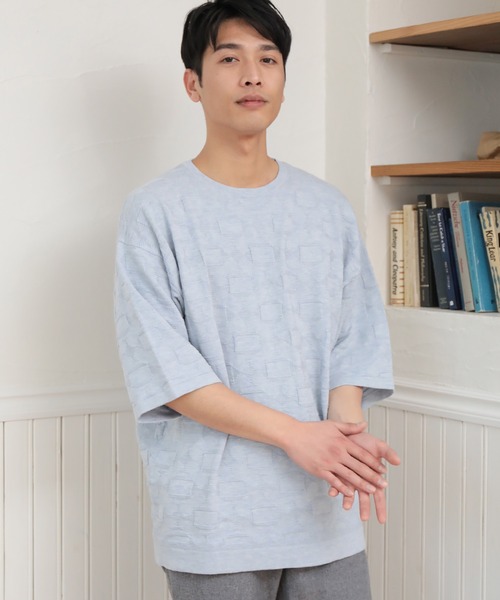 UNION STATION（ユニオンステーション）の「強撚コットン半袖ジャガードセーター（ニット/セーター・メンズ・ライトブルー/ベージュ/オレンジ・M/L）」の15枚目の写真