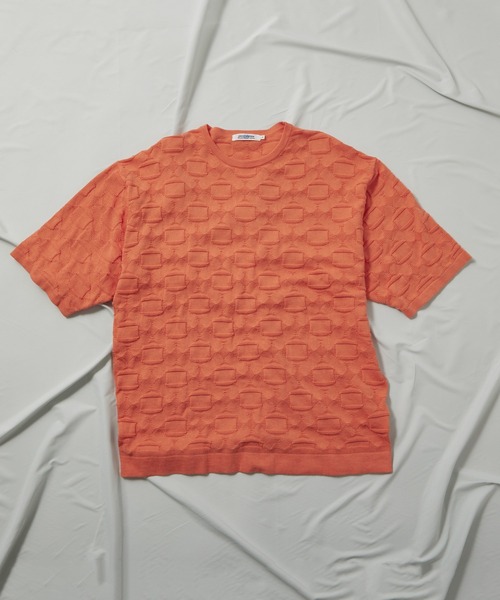UNION STATION（ユニオンステーション）の「強撚コットン半袖ジャガードセーター（ニット/セーター・メンズ・ライトブルー/ベージュ/オレンジ・M/L）」の6枚目の写真