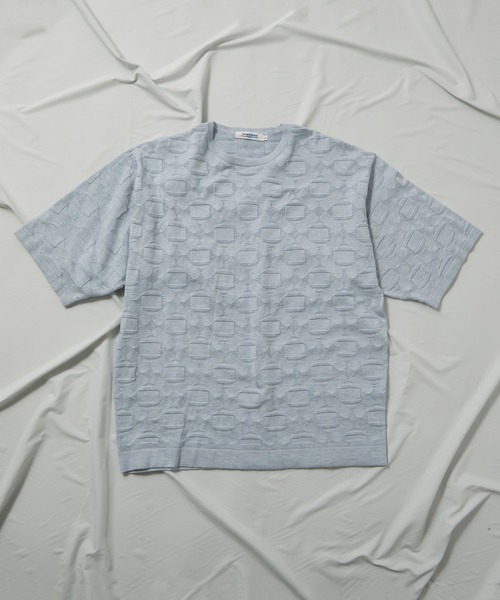 UNION STATION（ユニオンステーション）の「強撚コットン半袖ジャガードセーター（ニット/セーター・メンズ・ライトブルー/ベージュ/オレンジ・M/L）」の13枚目の写真