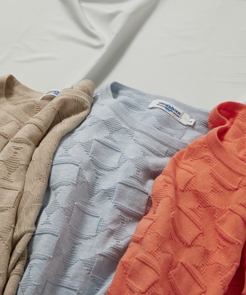 UNION STATION（ユニオンステーション）の「強撚コットン半袖ジャガードセーター（ニット/セーター・メンズ・ライトブルー/ベージュ/オレンジ・M/L）」の12枚目の写真