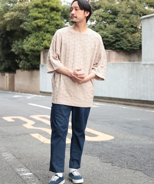 UNION STATION（ユニオンステーション）の「強撚コットン半袖ジャガードセーター（ニット/セーター・メンズ・ライトブルー/ベージュ/オレンジ・M/L）」の4枚目の写真