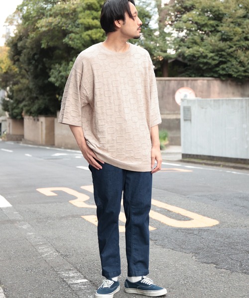 UNION STATION（ユニオンステーション）の「強撚コットン半袖ジャガードセーター（ニット/セーター・メンズ・ライトブルー/ベージュ/オレンジ・M/L）」の5枚目の写真