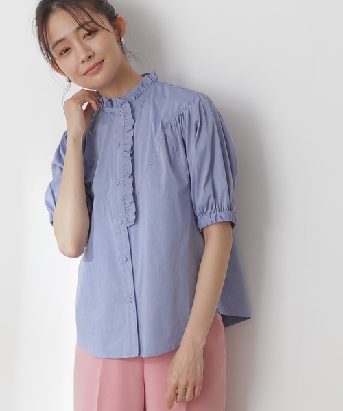 N.（N. Natural Beauty Basic）（エヌエヌナチュラルビューティーベーシック）の「◆アシメフリルネックブラウス（シャツ/ブラウス・レディース・ブラック/オフホワイト/ブルー/ストライプ・MEDIUM）」の3枚目の写真