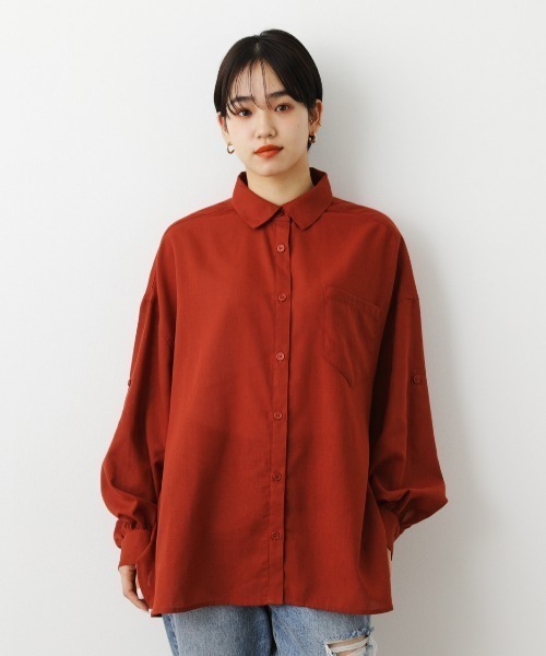 RODEO CROWNS WIDE BOWL(ロデオクラウンズワイドボウル)の「Natuly Linen オーバーシャツ(シャツ/ブラウス・レディース・ピンク/ダークオレンジ/カーキ/ライトベージュ・FREE)」の9枚目の写真