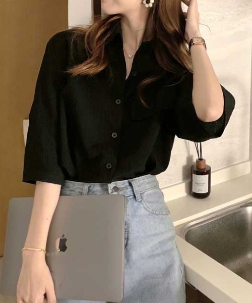 MANGROVE（マングローブ）の「ワッシャールーズシャツ（シャツ/ブラウス・レディース・ブラック/アイボリー・FREE）」の8枚目の写真