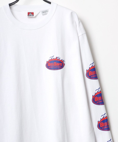 BEN DAVIS（ベンデイビス）の「BEN DAVIS/ベンデイビス ビッグシルエット ロゴ ファイヤーボール 袖プリント ロングスリーブTシャツ/レディース メンズ ロンT（Tシャツ/カットソー・メンズ・ホワイト/オートミール/チャコール/ダークグリーン・M/L/XL）」の2枚目の写真