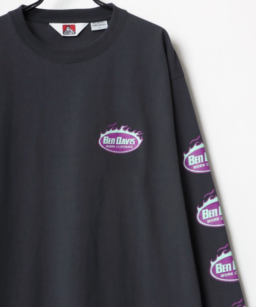 BEN DAVIS（ベンデイビス）の「BEN DAVIS/ベンデイビス ビッグシルエット ロゴ ファイヤーボール 袖プリント ロングスリーブTシャツ/レディース メンズ ロンT（Tシャツ/カットソー・メンズ・ホワイト/オートミール/チャコール/ダークグリーン・M/L/XL）」の3枚目の写真