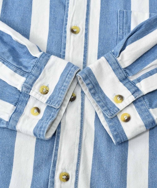 OLDMICKEY （オールドミッキー）の「【ヴィンテージ古着】90s Mickey ミッキー 刺繍 ストライプ柄 スタンドカラーシャツ（シャツ/ブラウス・メンズ・ブルー・LARGE）」の4枚目の写真