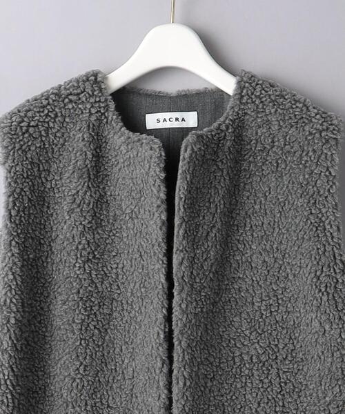 ★ウール素材★SACRA ウールボアロングコート ノーカラー ボタンレス グレー ☆ウール素材☆SACRA ウールボアロングコート ノーカラー ボタン