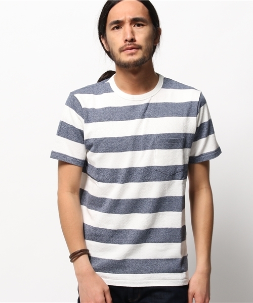 SHIPS（シップス）の「SC: SHIPS（シップス）ミニパイル ボーダー ポケット Tシャツ■（Tシャツ/カットソー・メンズ・ホワイト/ホワイト×ブルー/グリーン/ダークブルー/ネイビー/グレー/グレー系その他/コバルトブルー・MEDIUM/X-LARGE/SMALL/LARGE）」の8枚目の写真