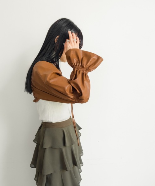 ボリュームギャザーフェイクレザーボレロ Fake Leather Bolero/フェイクレザーボレロ（カーディガン