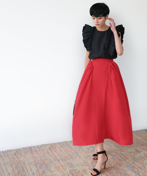 セール】サイドギャザーフレアミモレ丈スカート（スカート）｜ELFRANK