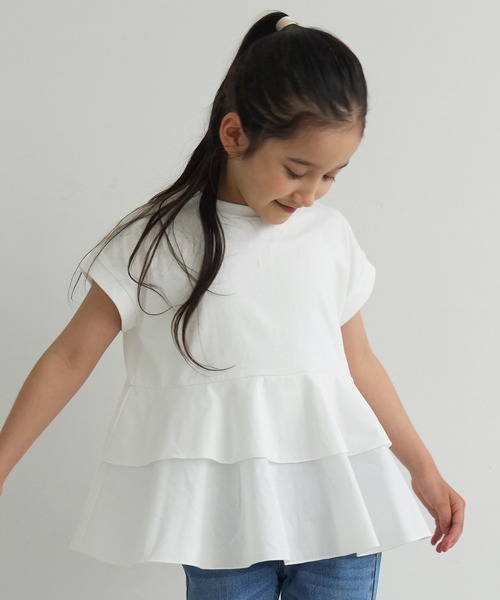 coca（coca）（コカ）の「キッズ　親子お揃い異素材切り替えティアードTシャツ（Tシャツ/カットソー・キッズ・ブラック/ホワイト・100/110/120/130/140）」の2枚目の写真