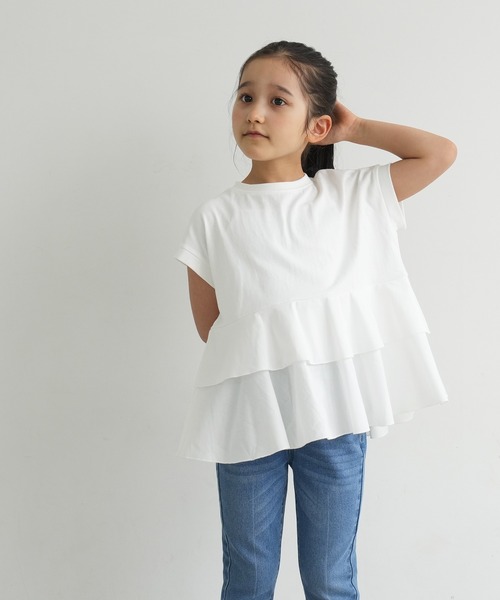 coca（coca）（コカ）の「キッズ　親子お揃い異素材切り替えティアードTシャツ（Tシャツ/カットソー・キッズ・ブラック/ホワイト・100/110/120/130/140）」の3枚目の写真