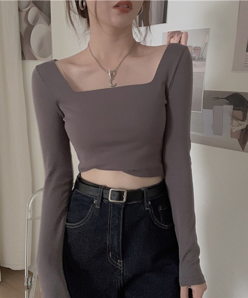 HALEY PESCA(ヘーリーペスカ)の「HALEY PESCA/ショート丈 スクエアネック スリムカットソー(Tシャツ/カットソー・レディース・ホワイト/ブラック/グレー・MEDIUM/LARGE)」の3枚目の写真