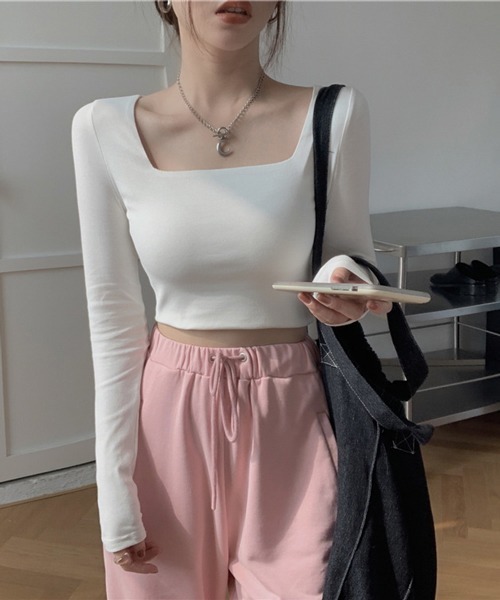 HALEY PESCA(ヘーリーペスカ)の「HALEY PESCA/ショート丈 スクエアネック スリムカットソー(Tシャツ/カットソー・レディース・ホワイト/ブラック/グレー・MEDIUM/LARGE)」の7枚目の写真