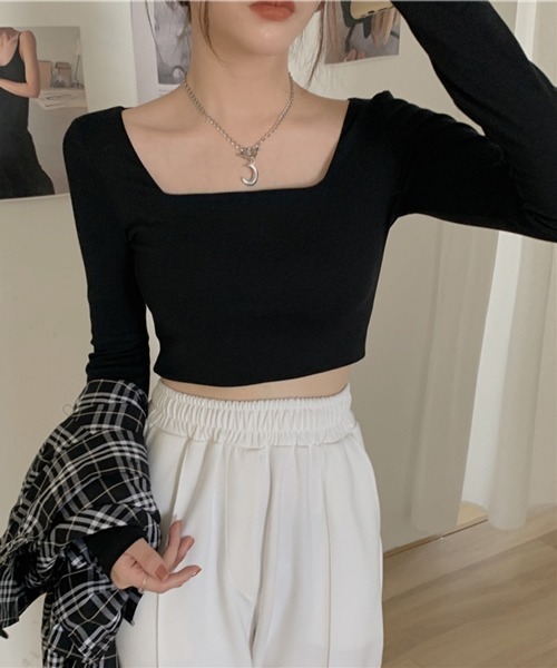 HALEY PESCA(ヘーリーペスカ)の「HALEY PESCA/ショート丈 スクエアネック スリムカットソー(Tシャツ/カットソー・レディース・ホワイト/ブラック/グレー・MEDIUM/LARGE)」の8枚目の写真