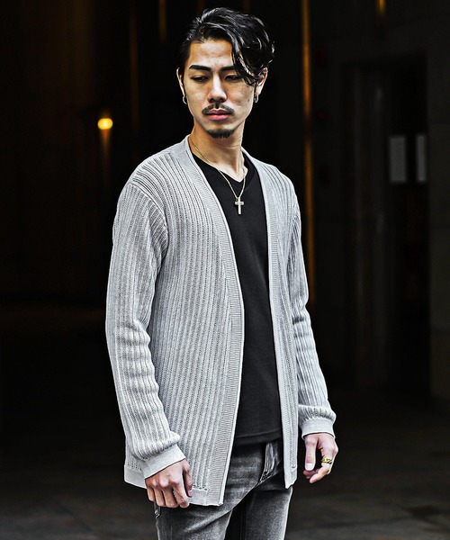 SOMEDIFF（サムディフ）の「【SOMEDIFF】12G透かし編み杢ノーカラーカーデ メンズ 通気性 軽やか 品格 清潔感（カーディガン/ボレロ・メンズ・ホワイト系その他/ブラック系その他・M/L/XL）」の4枚目の写真