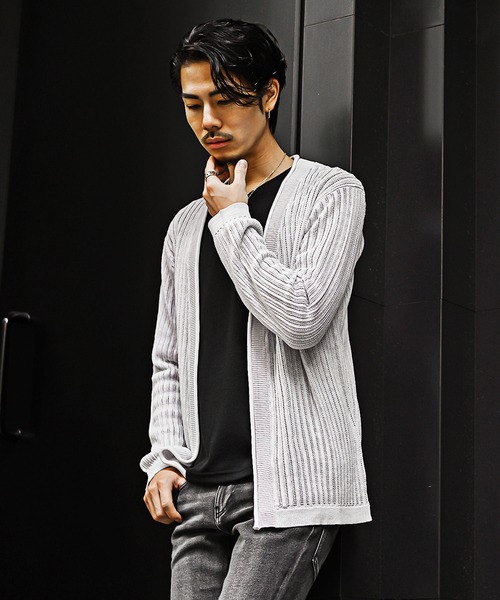 SOMEDIFF（サムディフ）の「【SOMEDIFF】12G透かし編み杢ノーカラーカーデ メンズ 通気性 軽やか 品格 清潔感（カーディガン/ボレロ・メンズ・ホワイト系その他/ブラック系その他・M/L/XL）」の9枚目の写真