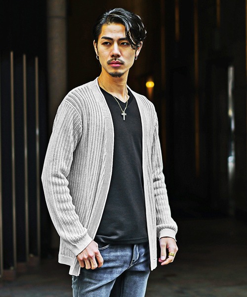 SOMEDIFF（サムディフ）の「【SOMEDIFF】12G透かし編み杢ノーカラーカーデ メンズ 通気性 軽やか 品格 清潔感（カーディガン/ボレロ・メンズ・ホワイト系その他/ブラック系その他・M/L/XL）」の12枚目の写真