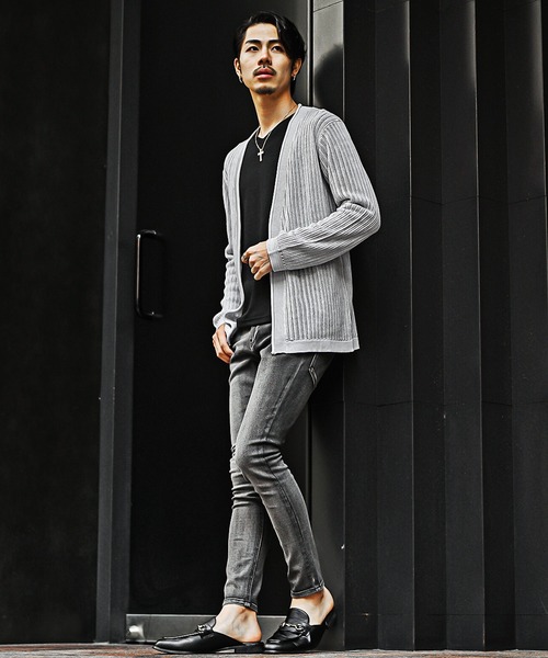 SOMEDIFF（サムディフ）の「【SOMEDIFF】12G透かし編み杢ノーカラーカーデ メンズ 通気性 軽やか 品格 清潔感（カーディガン/ボレロ・メンズ・ホワイト系その他/ブラック系その他・M/L/XL）」の6枚目の写真