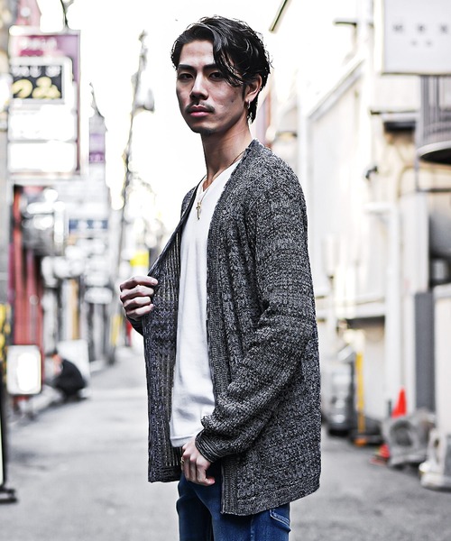 SOMEDIFF（サムディフ）の「【SOMEDIFF】12G透かし編み杢ノーカラーカーデ メンズ 通気性 軽やか 品格 清潔感（カーディガン/ボレロ・メンズ・ホワイト系その他/ブラック系その他・M/L/XL）」の5枚目の写真