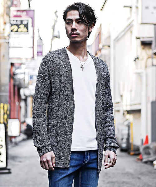 SOMEDIFF（サムディフ）の「【SOMEDIFF】12G透かし編み杢ノーカラーカーデ メンズ 通気性 軽やか 品格 清潔感（カーディガン/ボレロ・メンズ・ホワイト系その他/ブラック系その他・M/L/XL）」の20枚目の写真