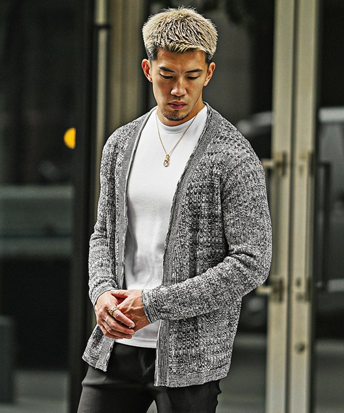 SOMEDIFF（サムディフ）の「【SOMEDIFF】12G透かし編み杢ノーカラーカーデ メンズ 通気性 軽やか 品格 清潔感（カーディガン/ボレロ・メンズ・ホワイト系その他/ブラック系その他・M/L/XL）」の16枚目の写真