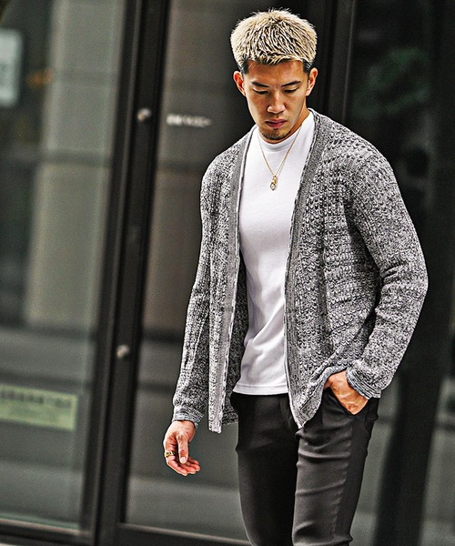 SOMEDIFF（サムディフ）の「【SOMEDIFF】12G透かし編み杢ノーカラーカーデ メンズ 通気性 軽やか 品格 清潔感（カーディガン/ボレロ・メンズ・ホワイト系その他/ブラック系その他・M/L/XL）」の18枚目の写真