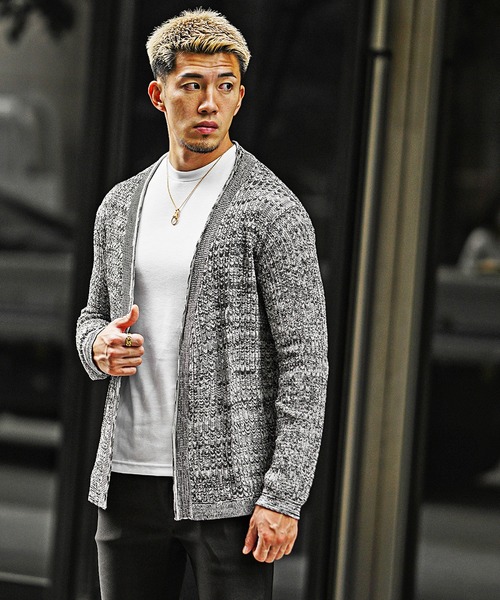 SOMEDIFF（サムディフ）の「【SOMEDIFF】12G透かし編み杢ノーカラーカーデ メンズ 通気性 軽やか 品格 清潔感（カーディガン/ボレロ・メンズ・ホワイト系その他/ブラック系その他・M/L/XL）」の19枚目の写真